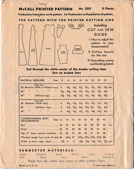 1938 Housecoats, Original McCall 3029, 36" bust