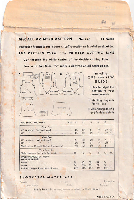 1940 Dance Costumes, Original McCall 793, 30" bust