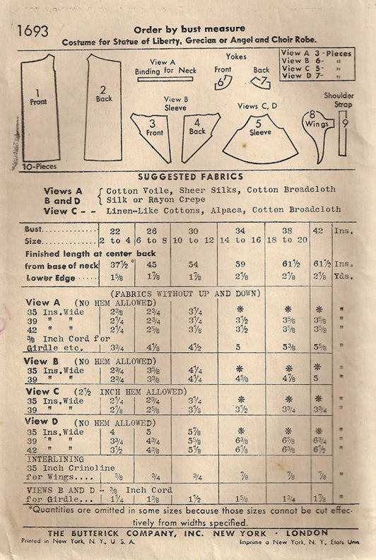 1940's Costume for Statue of Liberty, Grecian or Angel and Choir Robe, Original Butterick 1693 30" Bust