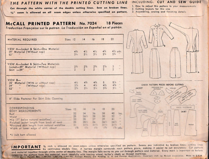 1947 Two-Piece Suit Dress, Original McCall 7024 32" bust