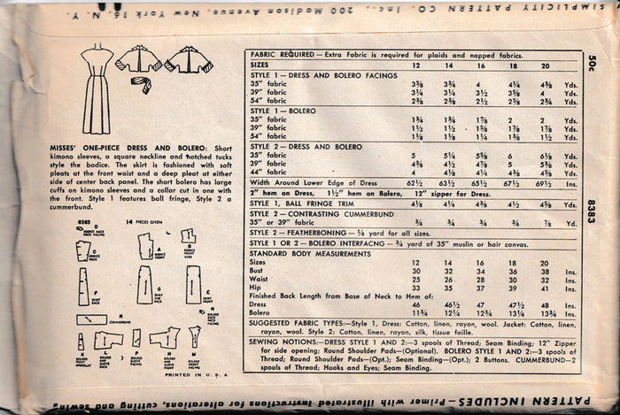 1951 One-piece Dress and Bolero, Original Simplicity 8383 34" bust