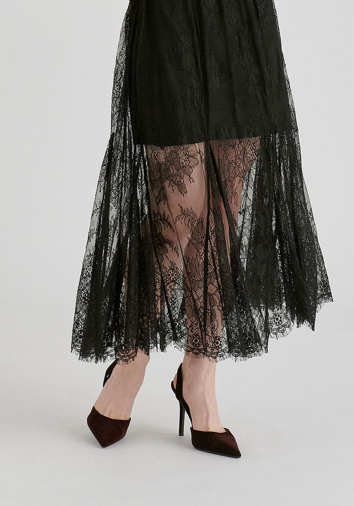2-Piece Lace Skirt with Godet Paneling in Black Closeup