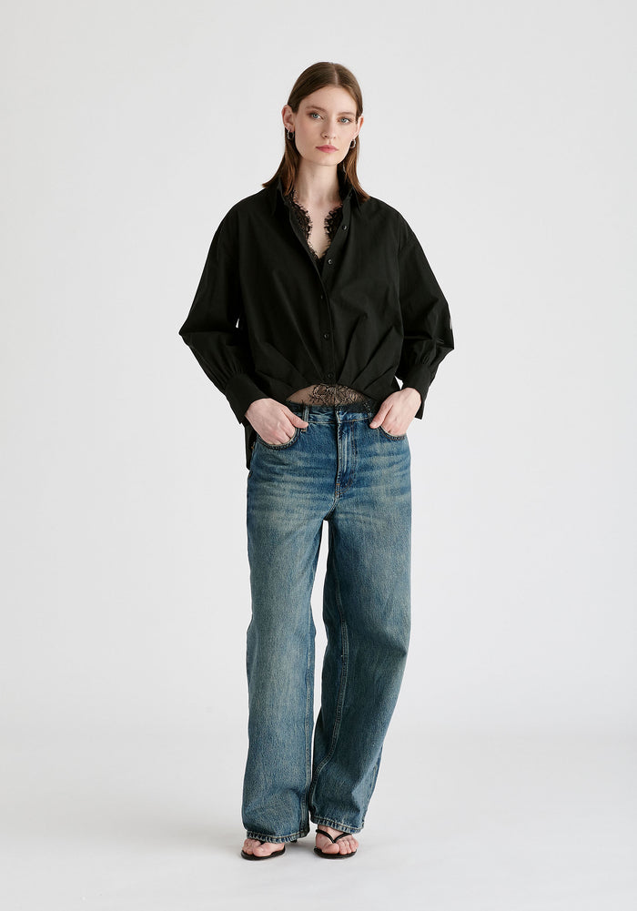 2-Piece Pleated Waist Shirt Set with Lace Cami Underlay in Black Front