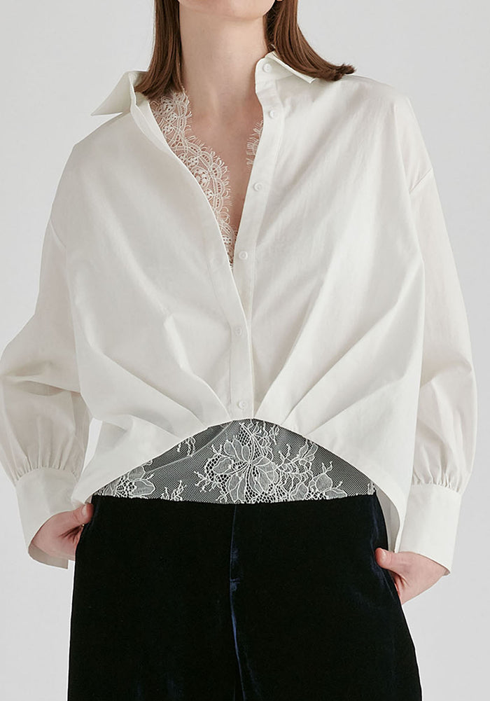 2-Piece Pleated Waist Shirt Set with Lace Cami Underlay in White Closeup