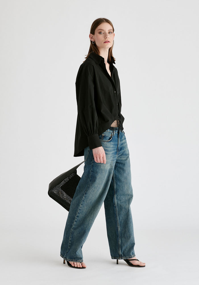 2-Piece Pleated Waist Shirt Set with Lace Cami Underlay in Black Side