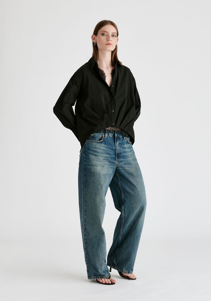 2-Piece Pleated Waist Shirt Set with Lace Cami Underlay in Black Side