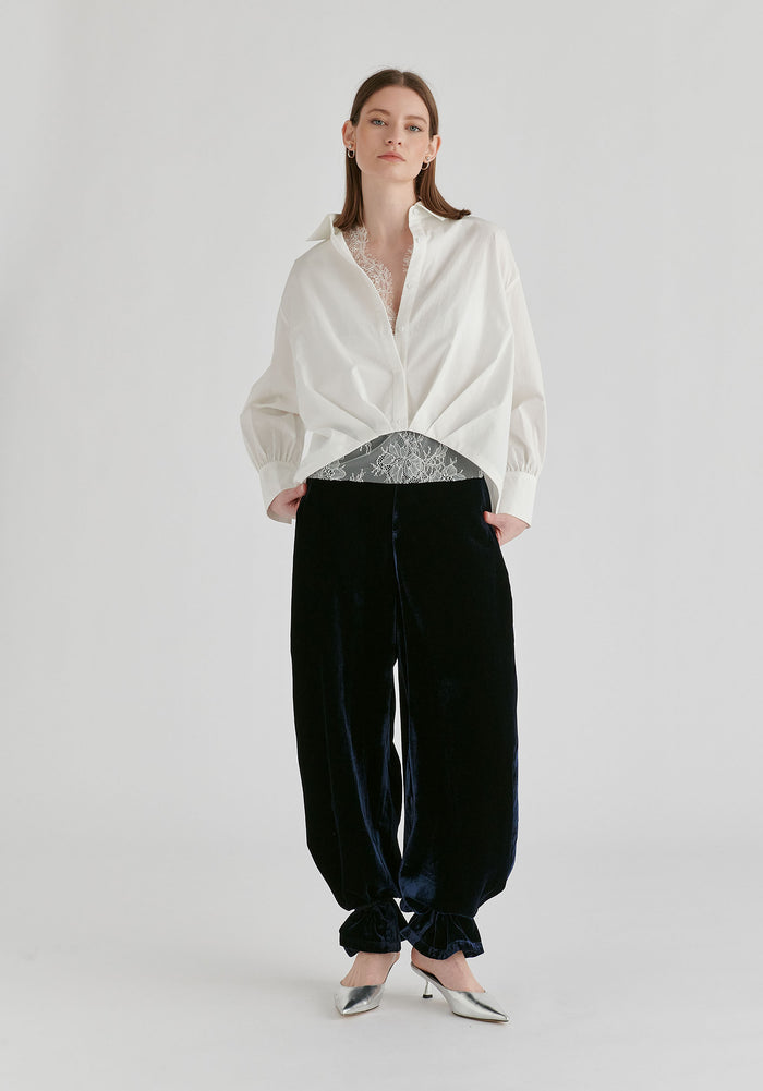 2-Piece Pleated Waist Shirt Set with Lace Cami Underlay in White Front