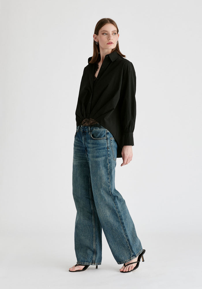 2-Piece Pleated Waist Shirt Set with Lace Cami Underlay in Black Side