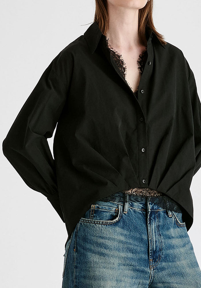 2-Piece Pleated Waist Shirt Set with Lace Cami Underlay in Black Closeup