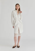 2-Piece Shirt Dress Set with Lace Underlay and Waist Cut Outs in White Front