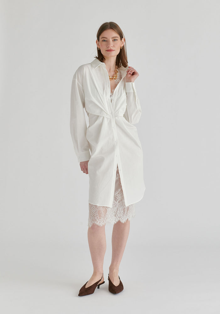 2-Piece Shirt Dress Set with Lace Underlay and Waist Cut Outs in White Front