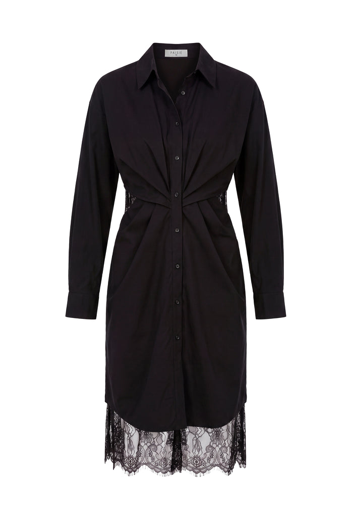 2-Piece Shirt Dress Set with Lace Underlay and Waist Cut Outs