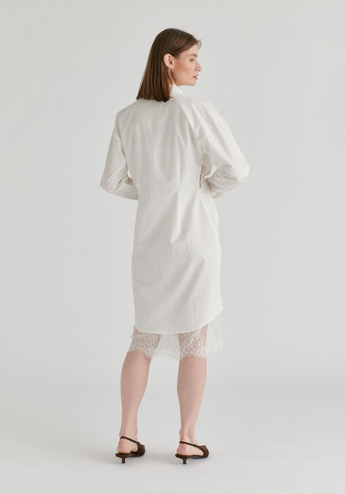 2-Piece Shirt Dress Set with Lace Underlay and Waist Cut Outs in White Back