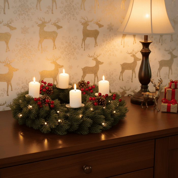 Decorative wreath with candles and Christmas decorations on a wooden surface. Customised with Pinecones and Berries