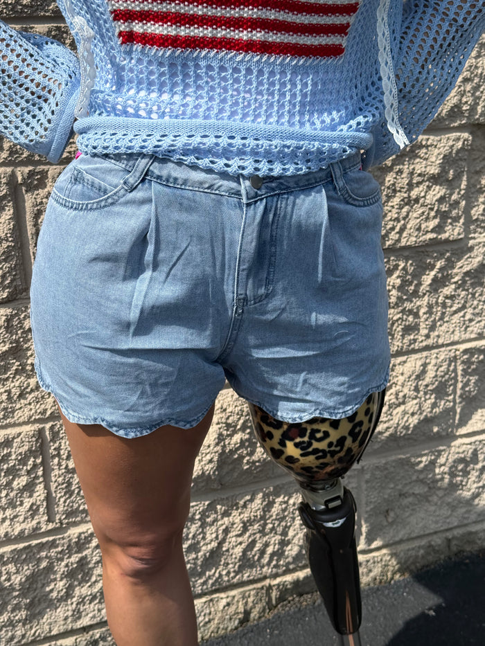 Scalloped Hem Denim Shorts