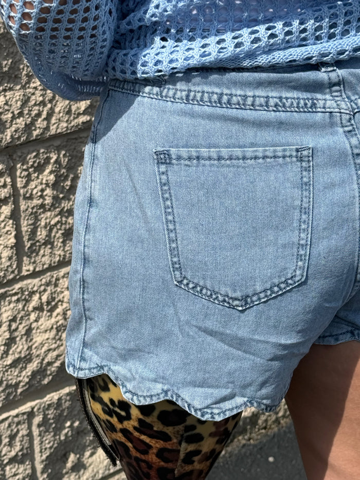 Scalloped Hem Denim Shorts