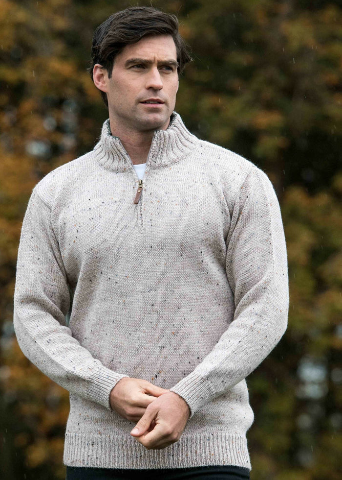 Aran Wool Half Zip Sweater | Skiddaw Oatmeal | Irish Knit