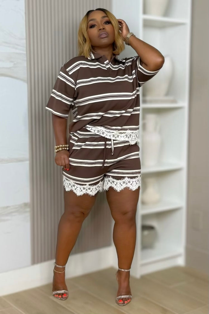 Arielle Lace Trim Short Set - Brown