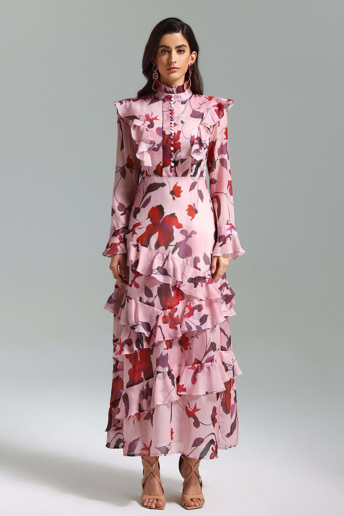Ashlyn Floral Ruffle High-Neck Maxi Dress