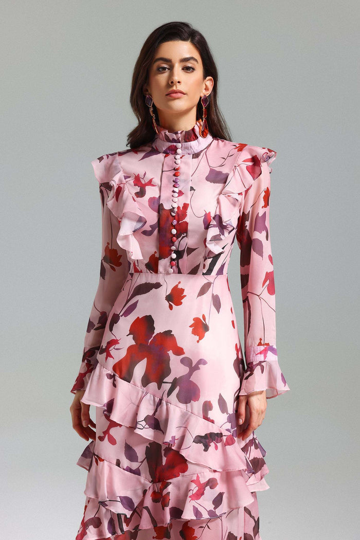 Ashlyn Floral Ruffle High-Neck Maxi Dress