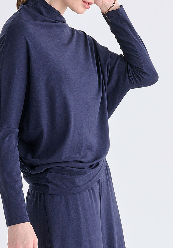 Asymmetric Draped Lyocell Jersey Top in Navy Closeup
