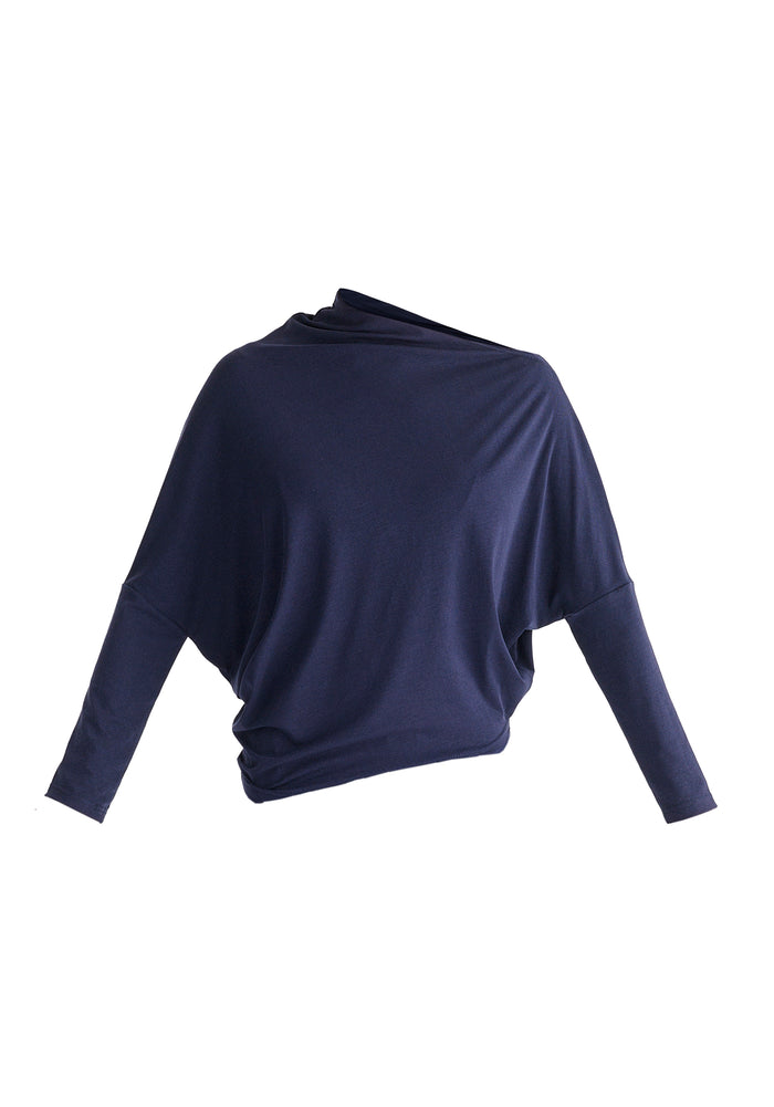 Asymmetric Draped Lyocell Jersey Top in Navy Cutout