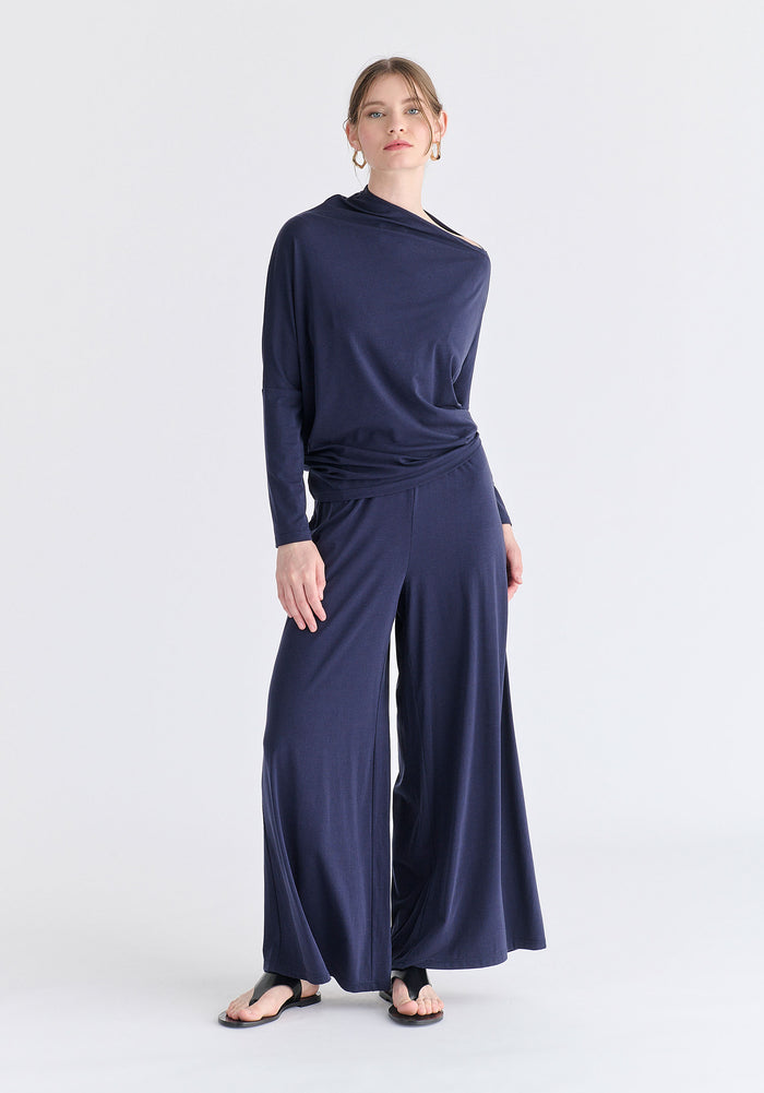 Asymmetric Draped Lyocell Jersey Top in Navy Front