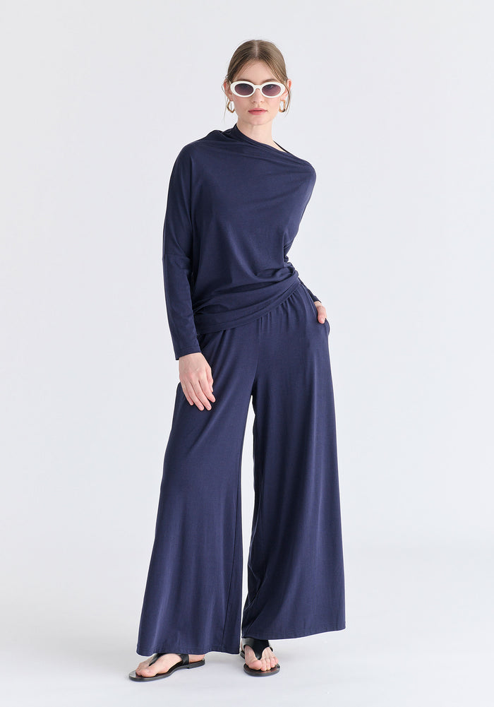 Asymmetric Draped Lyocell Jersey Top in Navy Front