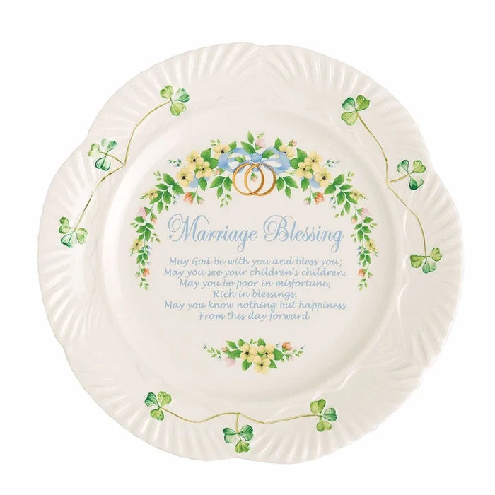 Decorative plate with floral design, rings, and 'Marriage Blessing' text on a white background