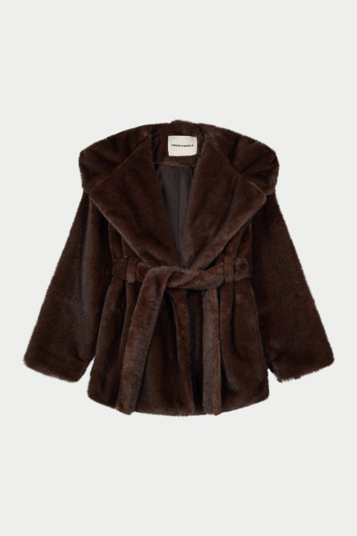 BELTED FAUX FUR HOODED COAT - CHOCOLATE