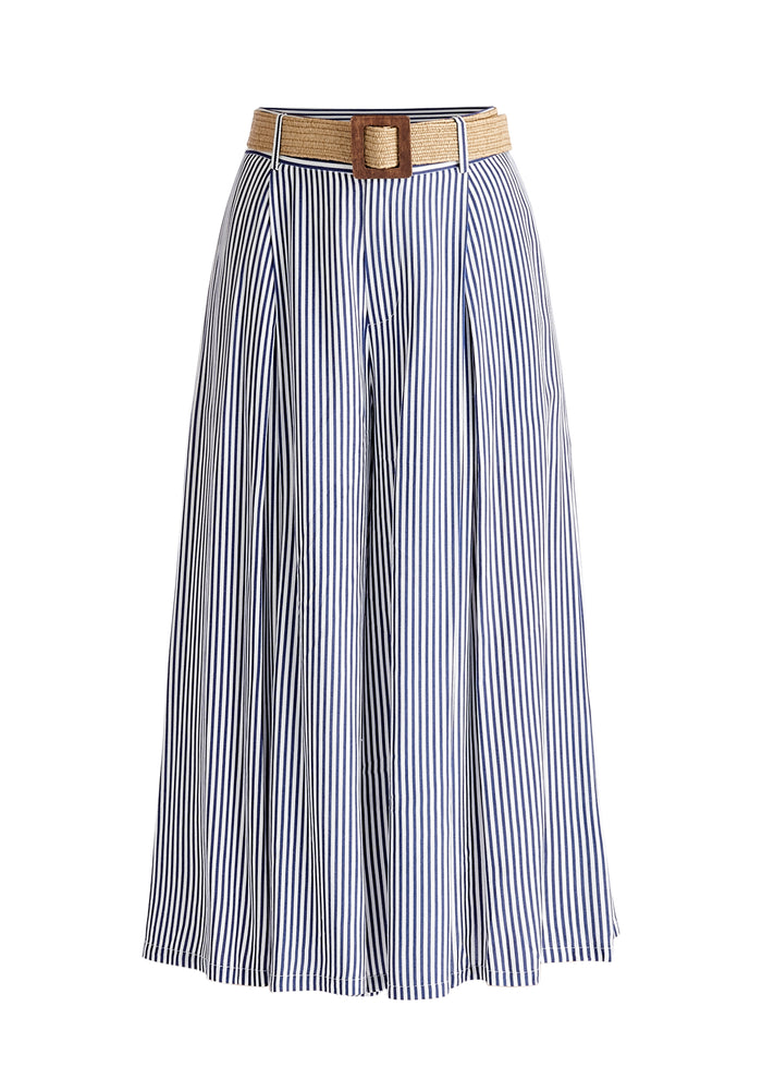 Belted Pleated Culottes in Blue and White Cut Out