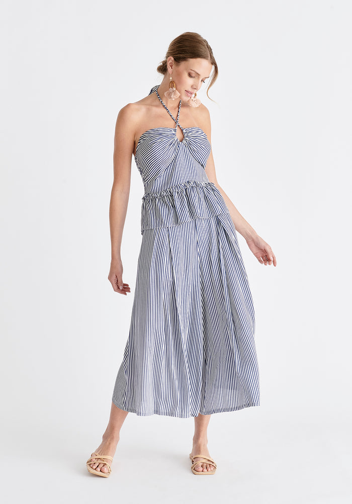 Belted Pleated Culottes in Blue and White
