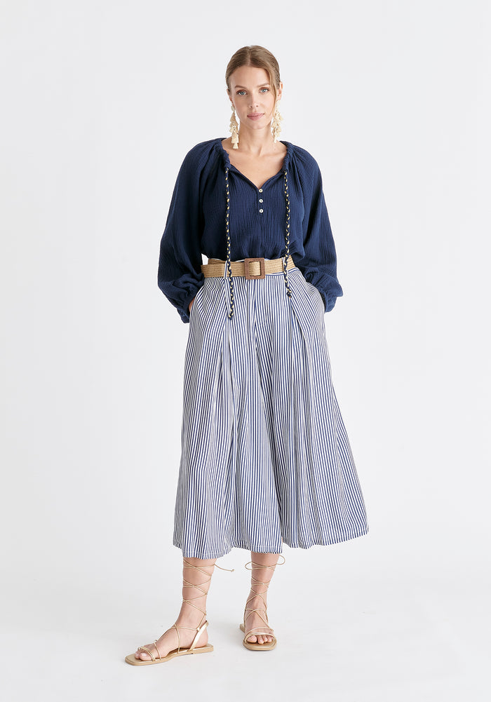 Belted Pleated Culottes in Blue and White