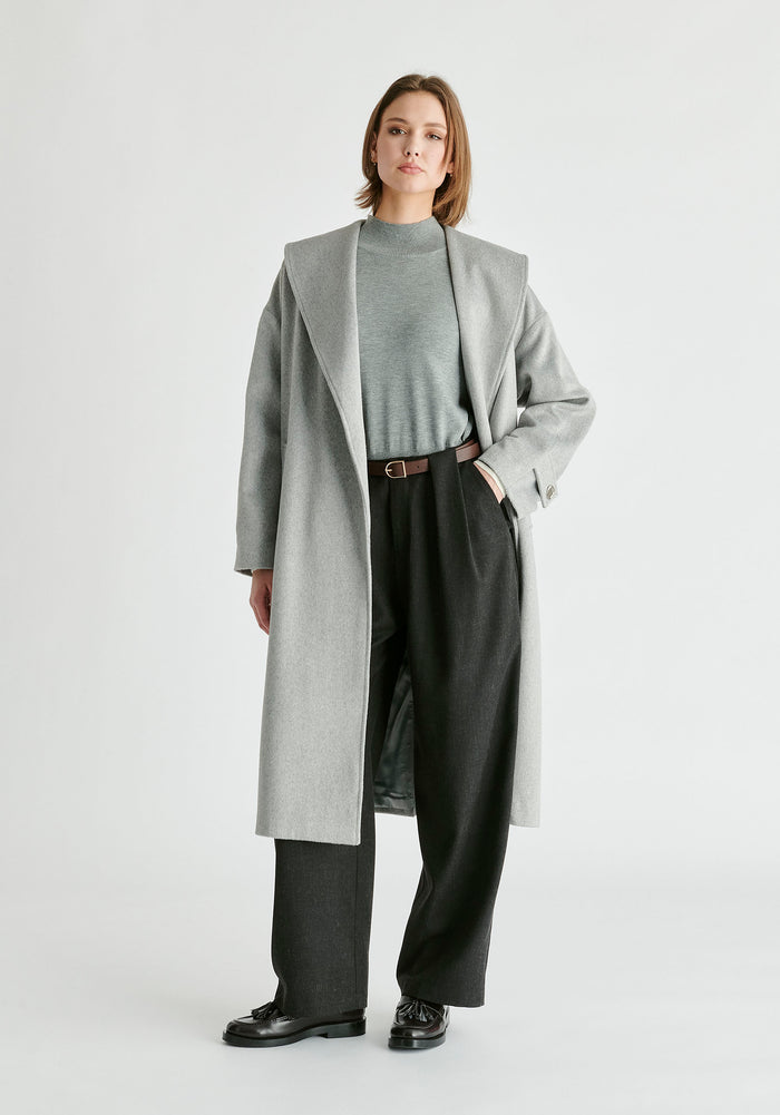 Belted Wide Leg Trousers with Box Pleats in Charcoal Front