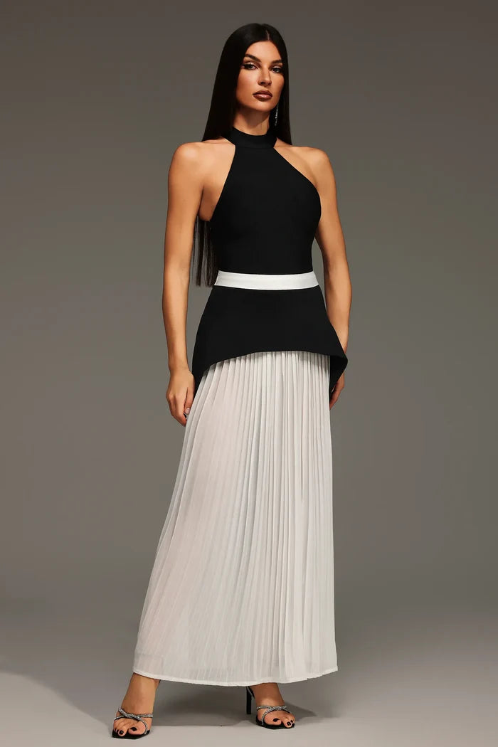 Black & White Halter Pleated Maxi Dress