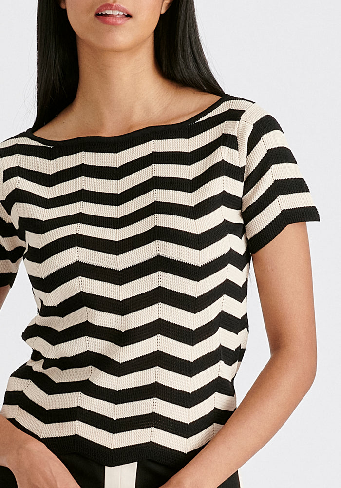 Boat Neck Knit Top in Zigzag Pattern in Black and Beige