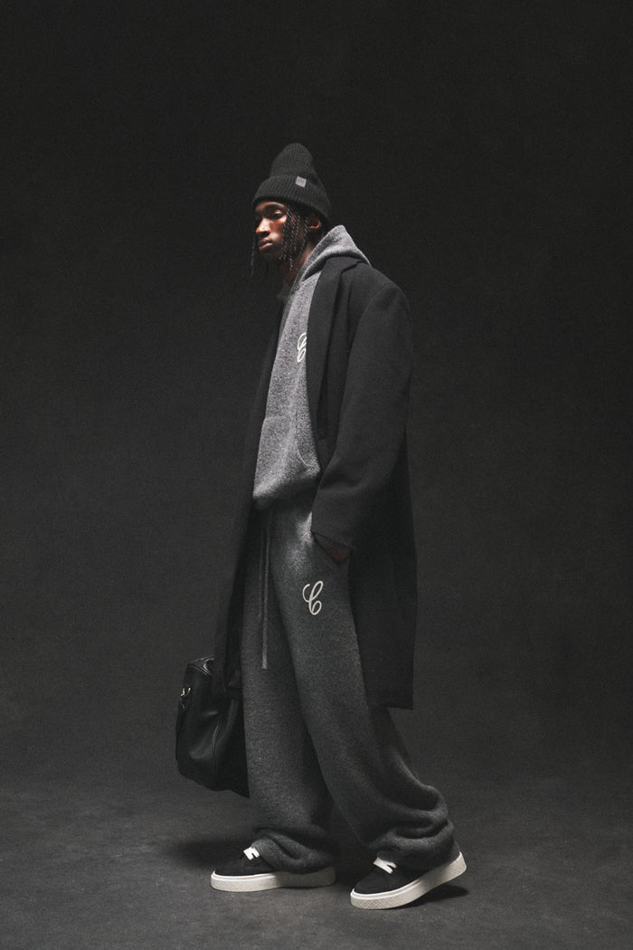 CHAINSTITCH EMBROIDERY KNITTED BARREL LEG JOGGERS - CHARCOAL