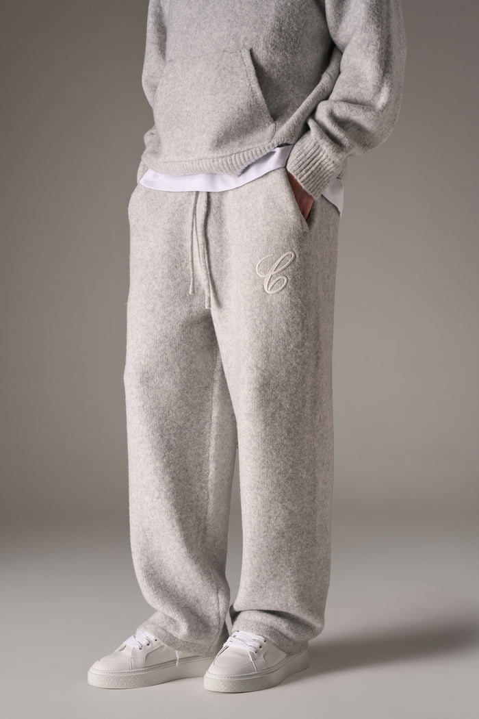 CHAINSTITCH EMBROIDERY KNITTED BARREL LEG JOGGERS - GREY