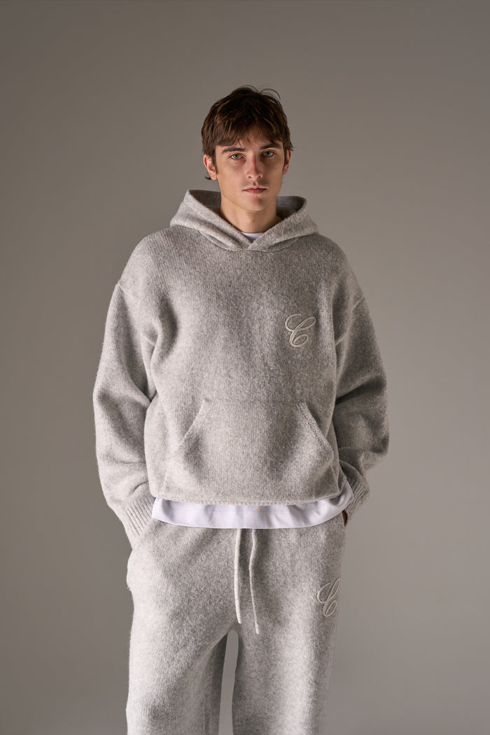 CHAINSTITCH EMBROIDERY KNITTED HOODIE - GREY