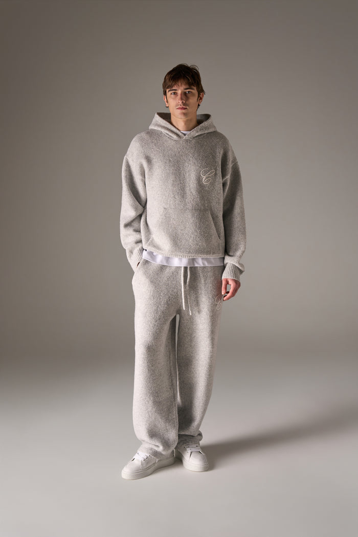 CHAINSTITCH EMBROIDERY KNITTED HOODIE - GREY