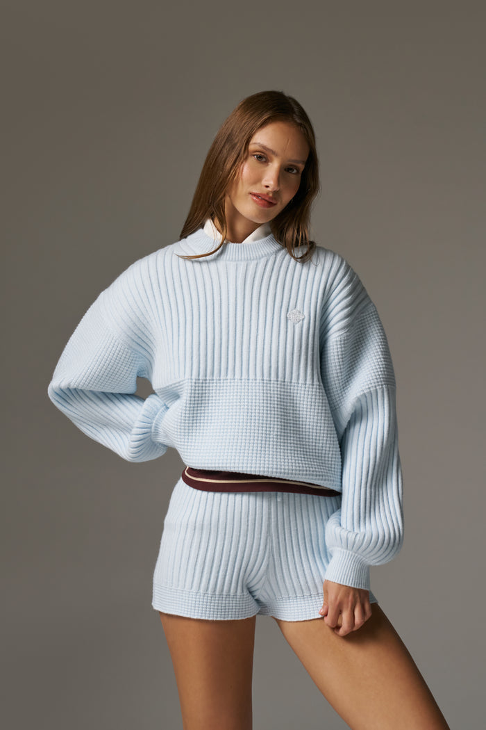 CONTRAST KNIT OVERSIZED CREW - LIGHT BLUE