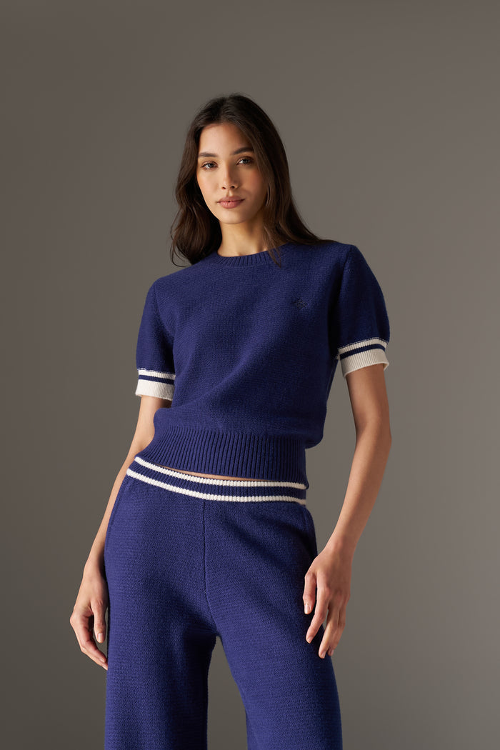 CONTRAST STRIPE SHORT SLEEVE KNIT TEE - NAVY