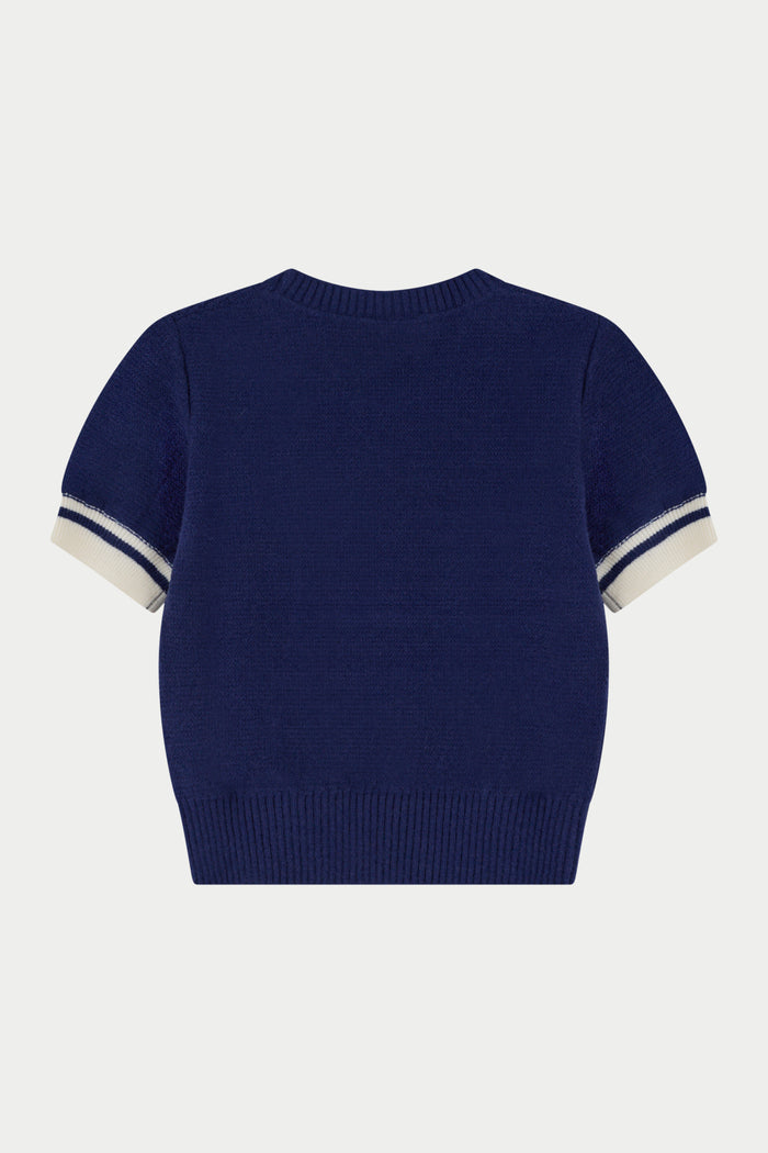CONTRAST STRIPE SHORT SLEEVE KNIT TEE - NAVY