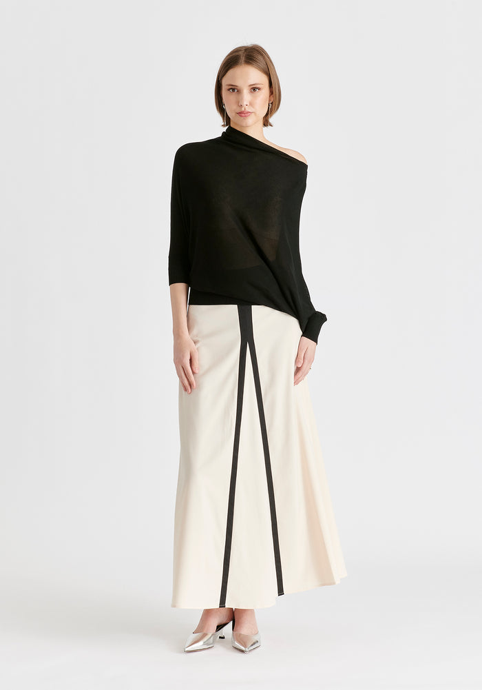 Contrast Trim Maxi Skirt in Beige and Black Front