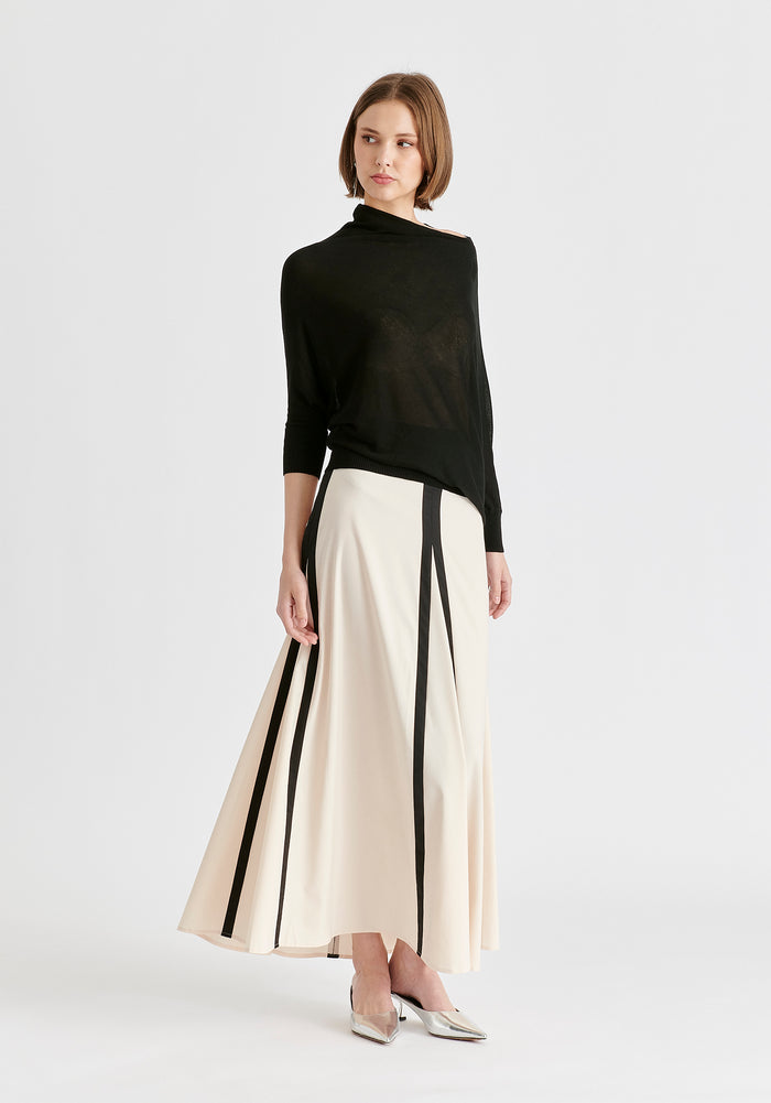 Contrast Trim Maxi Skirt in Beige and Black Front