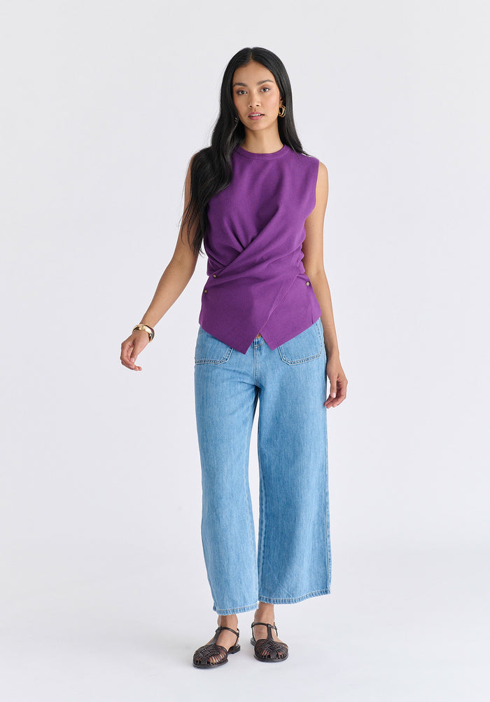 Crew Neck Wrap Front Knit Top in Purple Front