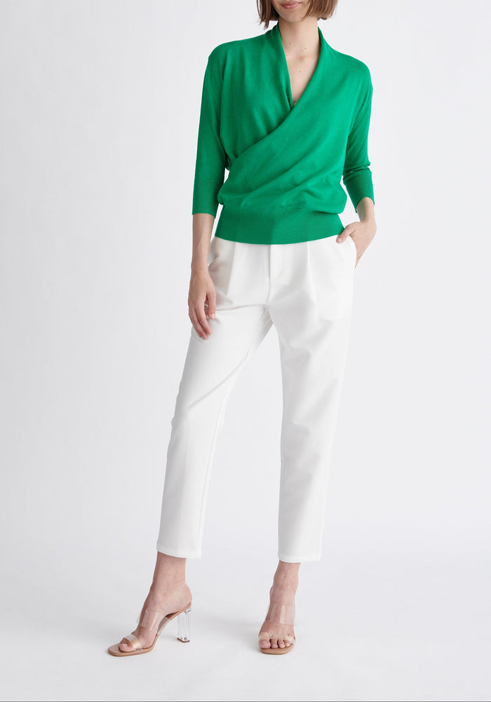 Paisie Cropped Sleeve Knitted Wrap Top in Green