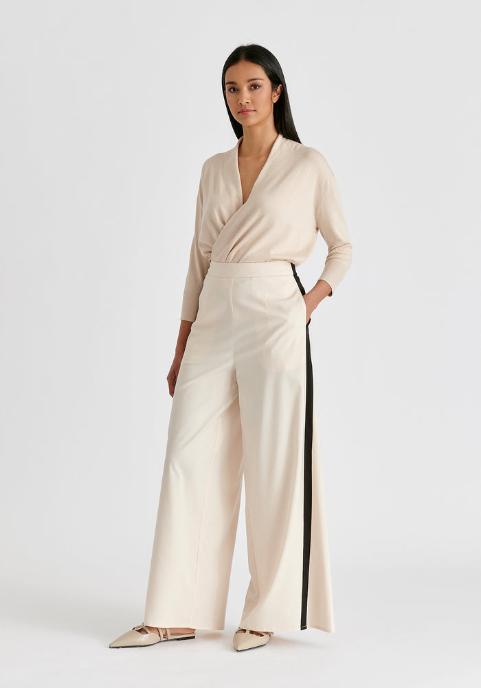 Cropped Sleeve Knit Wrap Top In Beige Front