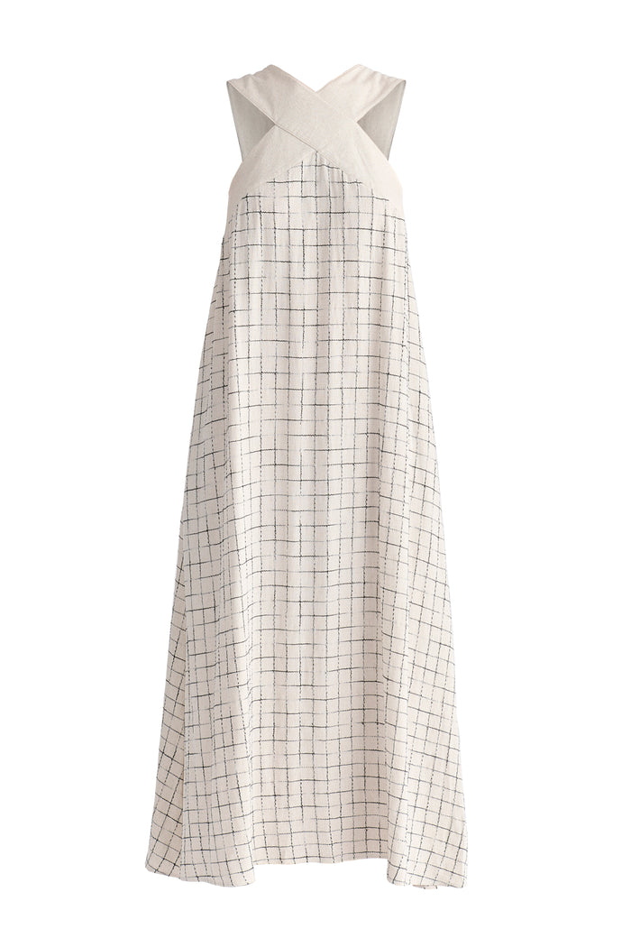 Cross Strap Halterneck Maxi Dress in Oatmeal and Black Cutout