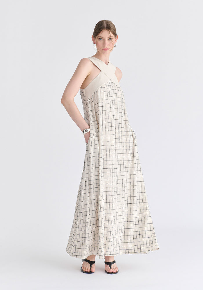 Cross Strap Halterneck Maxi Dress in Oatmeal and Black Front